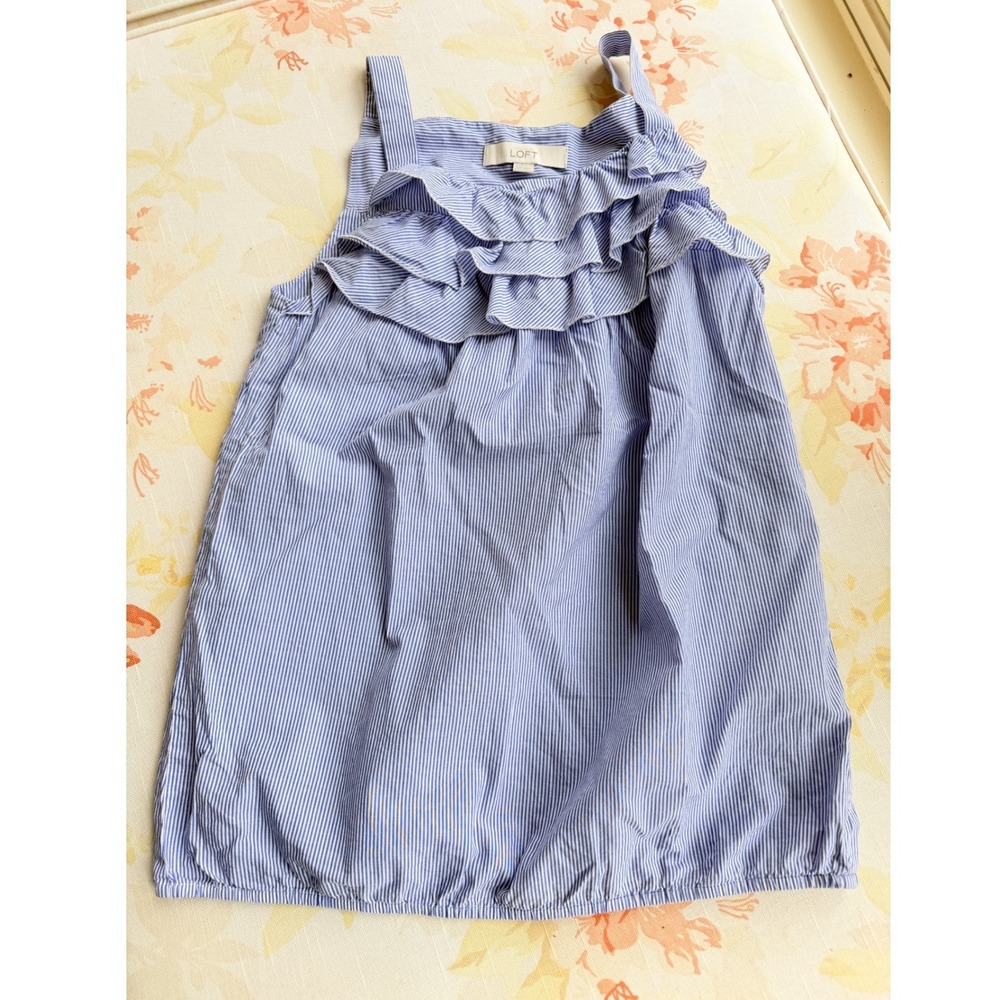 Ann Taylor LOFT XS Feminine Blue White Striped Ruffle Cotton Tank Top Bubble Hem